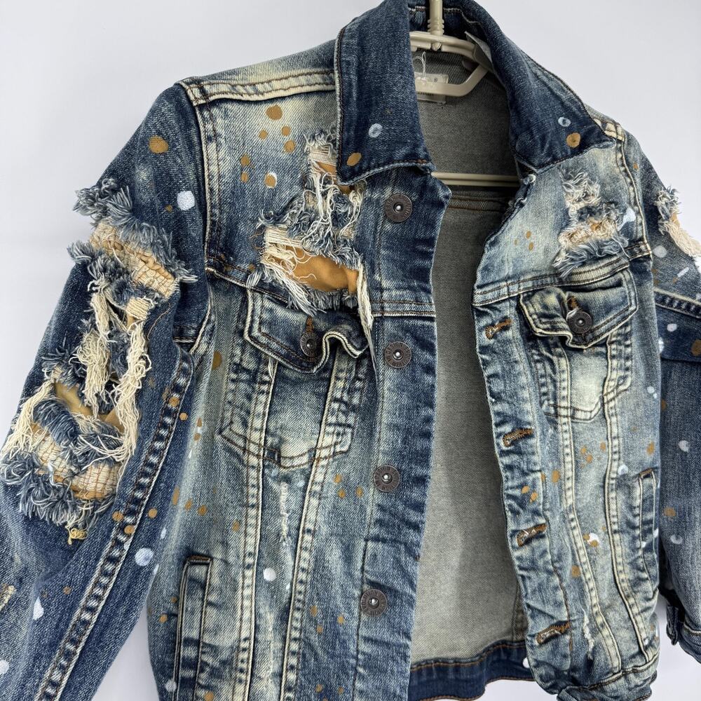 Evolution‎ In Design Jacket Girls Size S 8 Blue Distressed Paint Splatter Denim